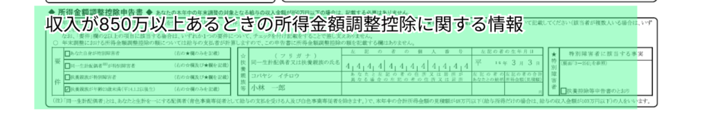 令和６年分　給与所得者の基礎控除申告書 兼 給与所得者の配偶者控除等申告書 兼 年末調整に係る定額減税のための申告書 兼 所得金額調整控除申告書の収入が850万円以上あるときの所得金額調整控除に関する情報